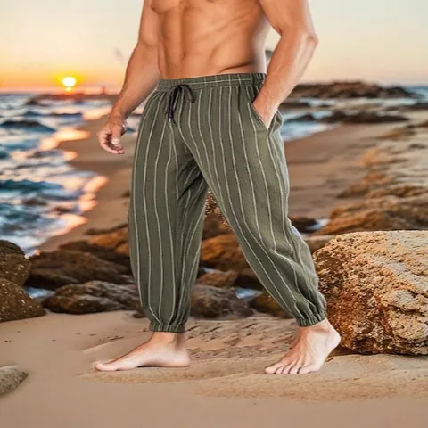Men Linen Striped Casual Pants Breathable Lightweight Summer Beach Joggers Loose Fit Drawstring Waist Trousers Sweatpants