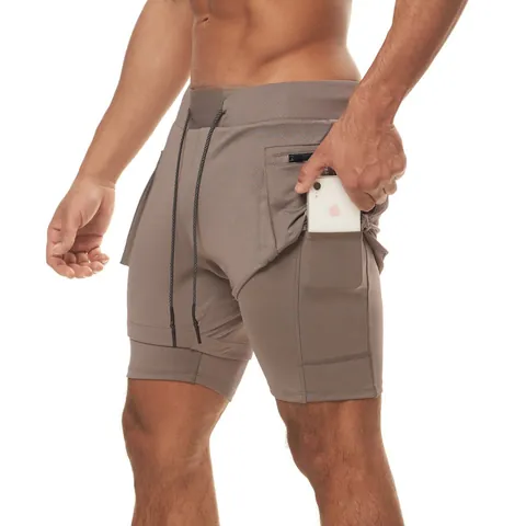 Pantalones Cortos de Correr de Doble Capa para Hombre Pantalones de Gimnasia Con Bolsillo Oculto Lazo para Toalla