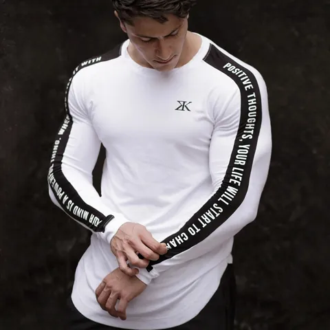 Men Athletic Compression Long Sleeve Top Cotton Blend Breathable Sport T-Shirt Gym Training Muscle Fitness Base Layer Top