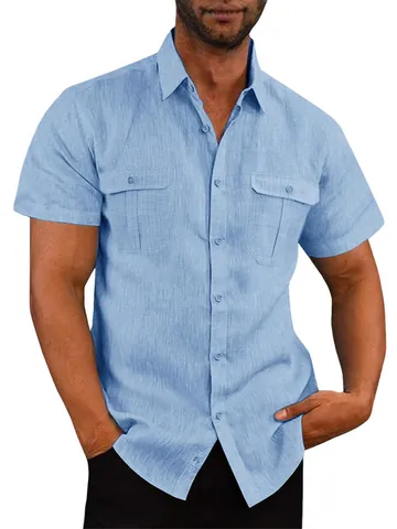 Men's Casual Linen Short Sleeve Shirt Summer Vacation Button Down Top With Double Chest Pockets Solid Color Loose Fit Shirts For Men
