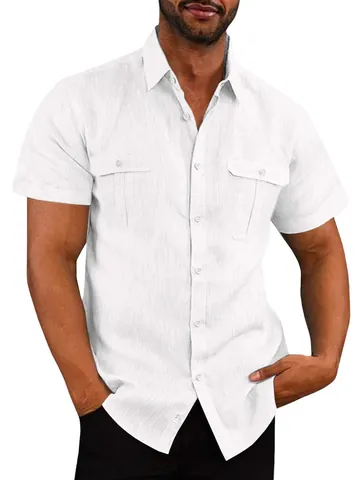 Men's Casual Linen Short Sleeve Shirt Summer Vacation Button Down Top With Double Chest Pockets Solid Color Loose Fit Shirts For Men