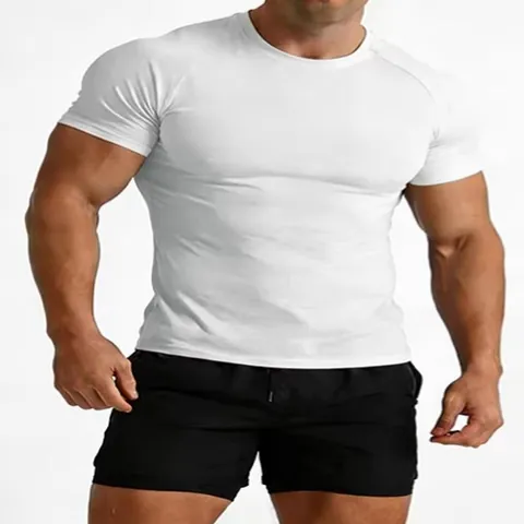Men Fitness T-Shirt Cotton Round Neck Short Sleeve Slim Fit Muscle Top Solid Color Summer Athletic Training Shirt