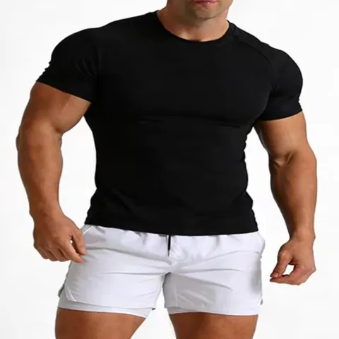 Men Fitness T-Shirt Cotton Round Neck Short Sleeve Slim Fit Muscle Top Solid Color Summer Athletic Training Shirt