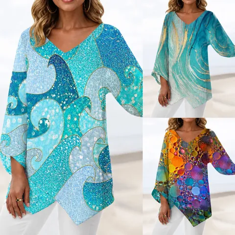 Dames V-hals Lange Mouw T-Shirt 3D Digitaal Gedrukt Casual Top Slim Fit Polyester Pullover Dagelijks Ademend Grafisch Tee