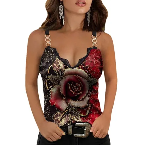 Women's Summer Elegant Rose Print Camisole With Metal Chain Straps V-Neck Lace Trim Sleeveless Slim Fit Polyester Top