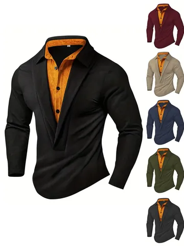 Polo de Moda para Hombre de Punto de Gofre de Manga Larga con Solapa en Contraste Polo Casual con Botones Estilo Urbano Top Transpirable de Poliéster