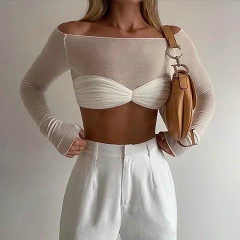 Γυναικείο T-Shirt Έξω από τους Ώμους Μονόχρωμο Crop Top Μακρυμάνικο με Δίχτυ Patchwork Σέξι Στενή Εφαρμογή Τοπ