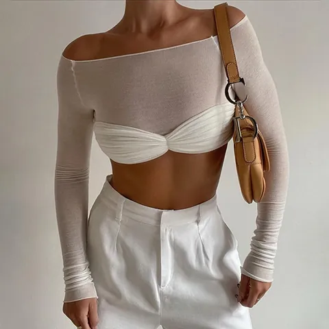 Γυναικείο T-Shirt Έξω από τους Ώμους Μονόχρωμο Crop Top Μακρυμάνικο με Δίχτυ Patchwork Σέξι Στενή Εφαρμογή Τοπ