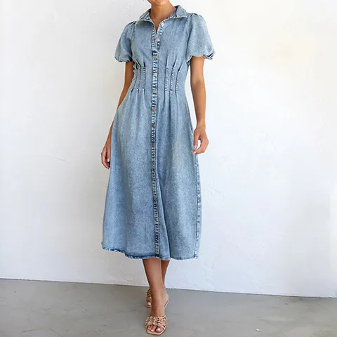 Women Casual Denim Long Dress Distressed Puff Sleeve Square Neck Button Front Cotton Polyester Maxi Dress For Spring Summer