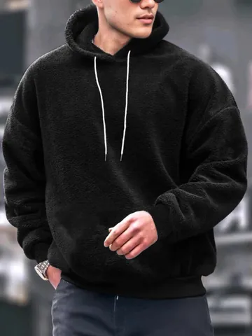 Herren Casual Kapuzenpullover Winter Warm Polyester Korallenfleece Pullover Top Einfarbig Langarm Hoodie Für Männer