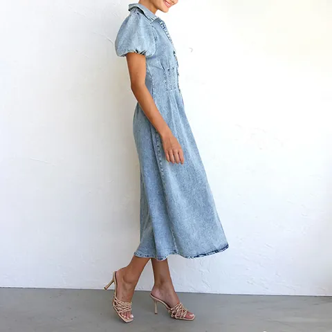 Women Casual Denim Long Dress Distressed Puff Sleeve Square Neck Button Front Cotton Polyester Maxi Dress For Spring Summer