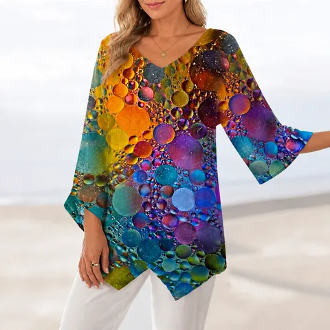 Dames V-hals Lange Mouw T-Shirt 3D Digitaal Gedrukt Casual Top Slim Fit Polyester Pullover Dagelijks Ademend Grafisch Tee