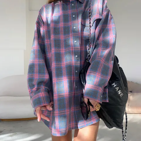 Γυναικείο Vintage Καρό Πουκάμισο Χαλαρό Oversized Μακρυμάνικο Μπλούζα Με Τσέπες Γιακάς Τοπ Μείγμα Βαμβακιού