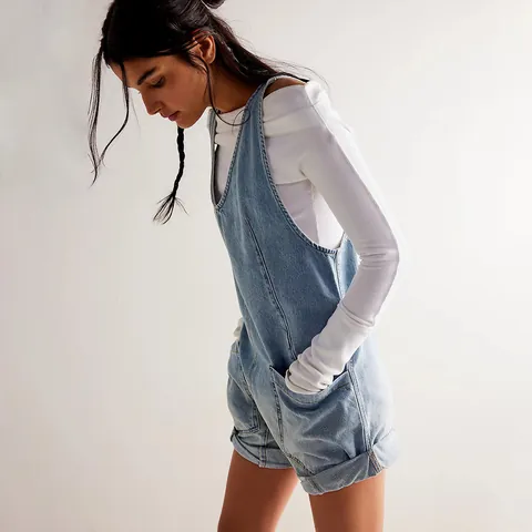 Women's Washed Denim Romper Adjustable Straps V-Neck Casual Summer Jumpsuit Large Pockets Top And Bottom Cotton Blend Workwear