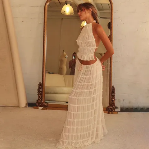 Dames Sexy Halter Rugloos Kantafwerking Gerafeld Top En Maxi Rok Tweedelige Set Vakantie Strand Outfits Polyester Gerafeld Pak