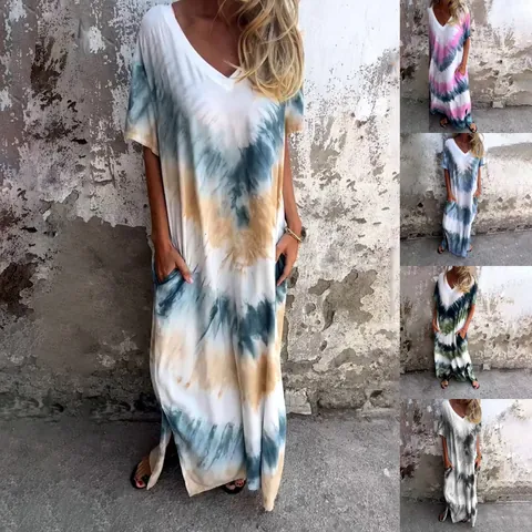 Vestito Lungo da Donna Scollo a V Tie-Dye Casual Ampio Manica Corta Sfumato Spacco Boho Abito da Spiaggia