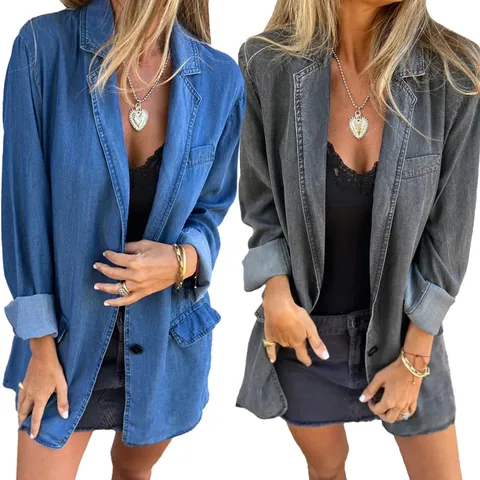 Women Casual Denim Jacket Oversized Washed Cotton Blend Jacket With Pockets Lapel Long Sleeve Solid Outerwear Top
