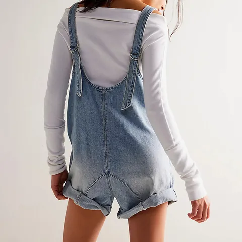 Women's Washed Denim Romper Adjustable Straps V-Neck Casual Summer Jumpsuit Large Pockets Top And Bottom Cotton Blend Workwear