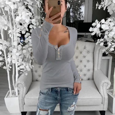 Women Sexy Deep U-Neck Henley T-Shirt Polyester Slim Fit Knitted Long Sleeve Top Button Decor Solid Casual Basic T-Shirt