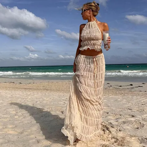 Dames Sexy Halter Rugloos Kantafwerking Gerafeld Top En Maxi Rok Tweedelige Set Vakantie Strand Outfits Polyester Gerafeld Pak
