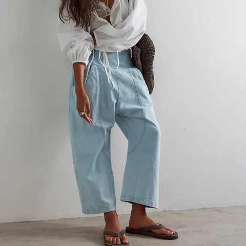 Women's Casual Cotton Denim Harem Jeans Washed Drop Crotch Mid Waist Straight Nine-Point Pants For Autumn Fashion Bottom