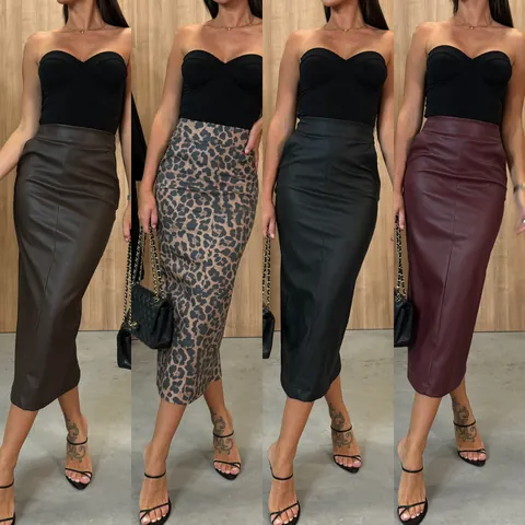 Women High Waist PU Leather Midi Skirt Slim Fit Back Slit Bodycon Pencil Skirt With Pockets Solid Color Faux Leather Skirt