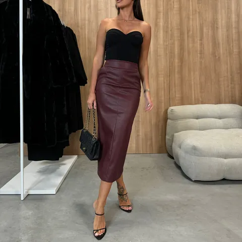 Women High Waist PU Leather Midi Skirt Slim Fit Back Slit Bodycon Pencil Skirt With Pockets Solid Color Faux Leather Skirt