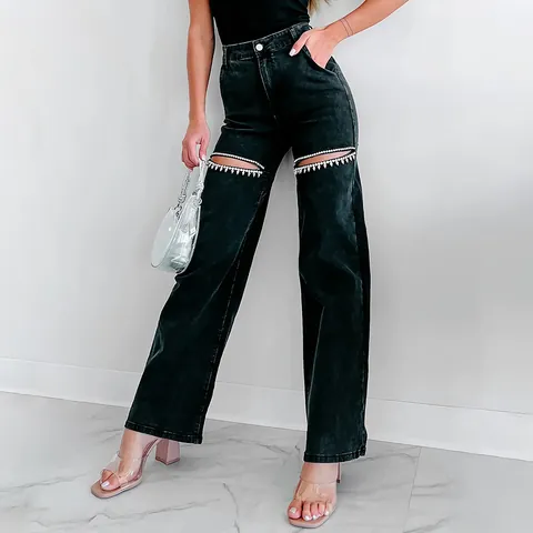 Women's Fashion Rhinestone Distressed Straight Leg Jeans European High Waist Holes Denim Pants Streetwear Faded Casual Trousers