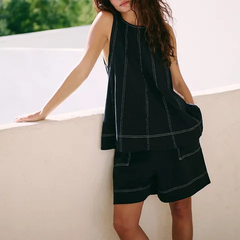 Γυναικείο Casual Σετ Πάνω Και Κάτω από Βαμβάκι Και Πολυεστέρα Στυλ Denim Με Αντίθεση Ραφών Αμάνικο Γιλέκο Και Σορτς Με Τσέπες