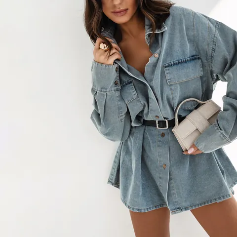 Γυναικείο Vintage Τζιν Πουκάμισο Φθαρμένο Oversized Μακρυμάνικο Πλύσιμο με Οξύ Βαμβακερή Μπλούζα Casual Χαλαρή