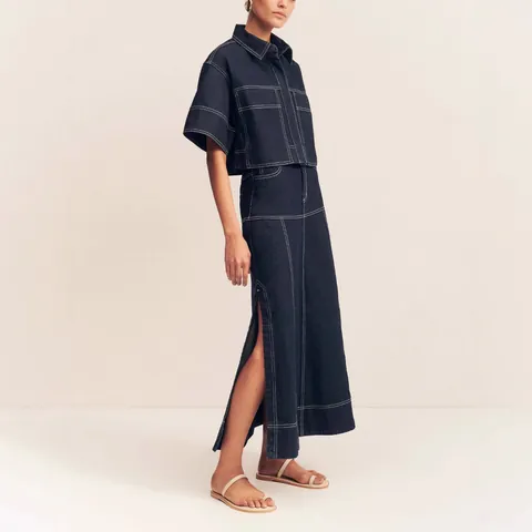 Women Casual Denim Shirt And Midi Skirt Top And Bottom Contrast Stitching Pocket Short Sleeve Jean Fashion Outfit