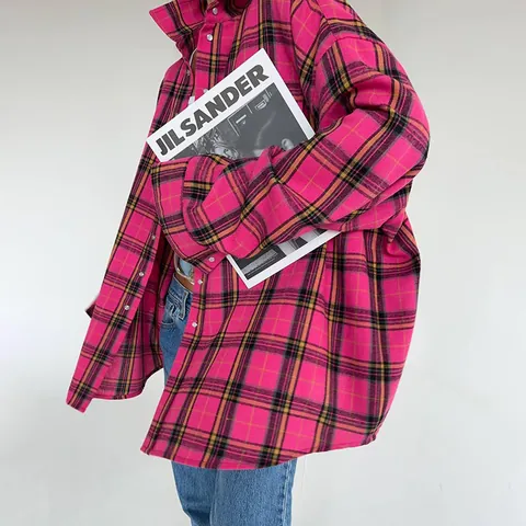Γυναικείο Vintage Καρό Πουκάμισο Χαλαρό Oversized Μακρυμάνικο Μπλούζα Με Τσέπες Γιακάς Τοπ Μείγμα Βαμβακιού