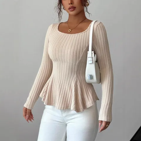 Damen Schößchen Gerippter Strick Langarm Top Rückenfreier Rückenausschnitt Mit Bindeschleife Sexy Y2K Slim Fit Strick Schößchen Pullover Top