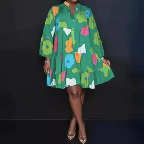 Women V Neck Long Sleeve Floral Print Dress Loose Casual Shirt Dress Large Hem Midi Dress For Summer Spring Ladies Clothing