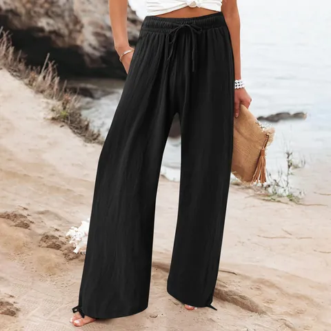 Damen Hohe Taille Weites Bein Hose Einfarbig Plissee Elastischer Kordelzug Strandurlaub Freizeit Lose Lange Hose