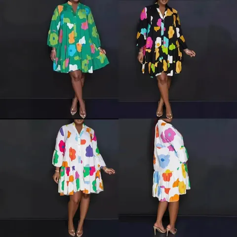 Women V Neck Long Sleeve Floral Print Dress Loose Casual Shirt Dress Large Hem Midi Dress For Summer Spring Ladies Clothing