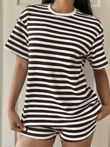 Damen Gestreiftes Kurzarm T-Shirt Und Shorts Set Lässig Locker Retro Waffelstruktur Zweiteiler Sommer Top Und Bottom Outfit
