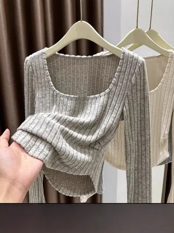 Women Slim Fit Square Neck Long Sleeve T-Shirt Brushed Ribbed Knit Curved Hem Sexy Top Spring Base Layer For Women
