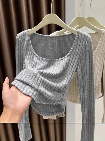 Women Slim Fit Square Neck Long Sleeve T-Shirt Brushed Ribbed Knit Curved Hem Sexy Top Spring Base Layer For Women