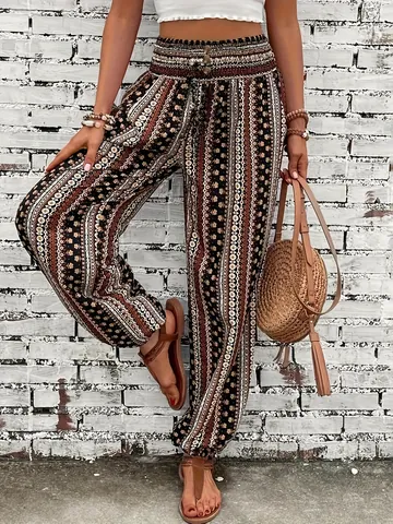Women Bohemian Ethnic Print Pants High Smocked Waist Joggers Paisley Harem Pants Casual Vacation Long Trousers