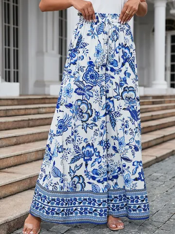 Women Fashion High Waisted Wide Leg Pants Floral Tropical Print Casual Bohemian Beach Trousers Summer Palazzo Pants With Pockets Drawstring Bottom