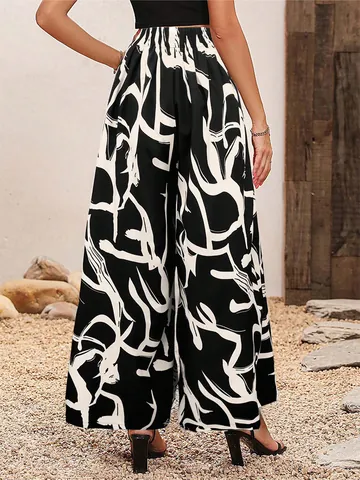 Pantalon à Jambes Larges Taille Haute pour Femmes Été en Mousseline Imprimé Feuille Pantalon Décontracté Large de Plage