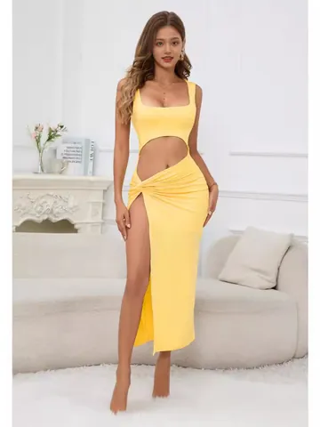 Sexy Hollow Out Maxi Dress For Women Square Neck Sleeveless High Slit Bodycon Long Dress With Twist Knot Waist Detail
