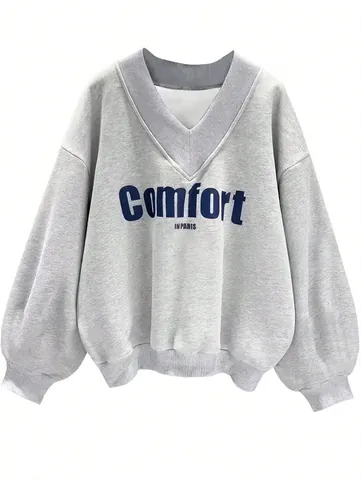 Women's Casual V-Neck Sweatshirt Loose Letter Print Pullover Long Sleeve Cotton Blend Streetwear Fashion Top