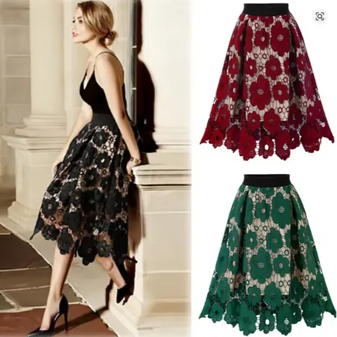 Gonna Midi da Donna Vintage Bohémien in Pizzo Traforato Vita Alta Elastica a Linea A in Rete Motivo Floreale Elegante Gonna Festa