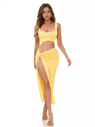 Sexy Hollow Out Maxi Dress For Women Square Neck Sleeveless High Slit Bodycon Long Dress With Twist Knot Waist Detail