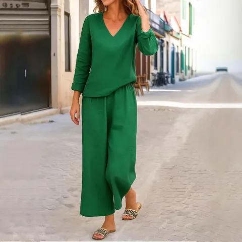 Women's Casual Two Piece Set V-Neck Long Sleeve Sweatshirt And Wide Leg Pants Solid Color Polyester Tracksuit Loungewear