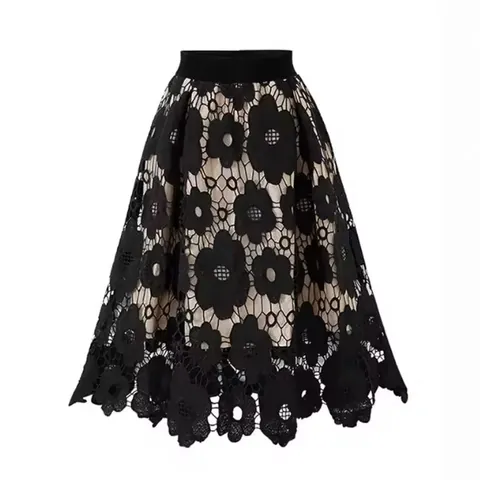 Gonna Midi da Donna Vintage Bohémien in Pizzo Traforato Vita Alta Elastica a Linea A in Rete Motivo Floreale Elegante Gonna Festa