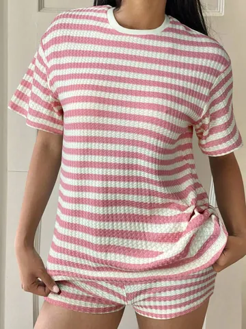 Damen Gestreiftes Kurzarm T-Shirt Und Shorts Set Lässig Locker Retro Waffelstruktur Zweiteiler Sommer Top Und Bottom Outfit