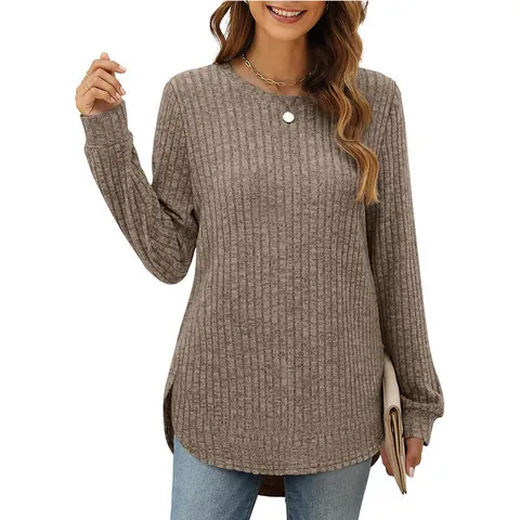 Damen Casual Geripptes Langarm Oberteil Rundhals Lockere Passform High-Low Geschwungener Saum Polyester Strickhemd